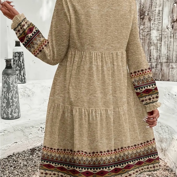 Boho Tiered Long Sleeve Dress in Beige with Tribal Trim - Picture 2 of 2